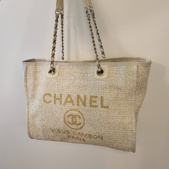 CHANEL Handbags - Chanel Lurex Boucle Small Deauville Tote Bag Ivory Gold 31 Rue Cambon 27202807